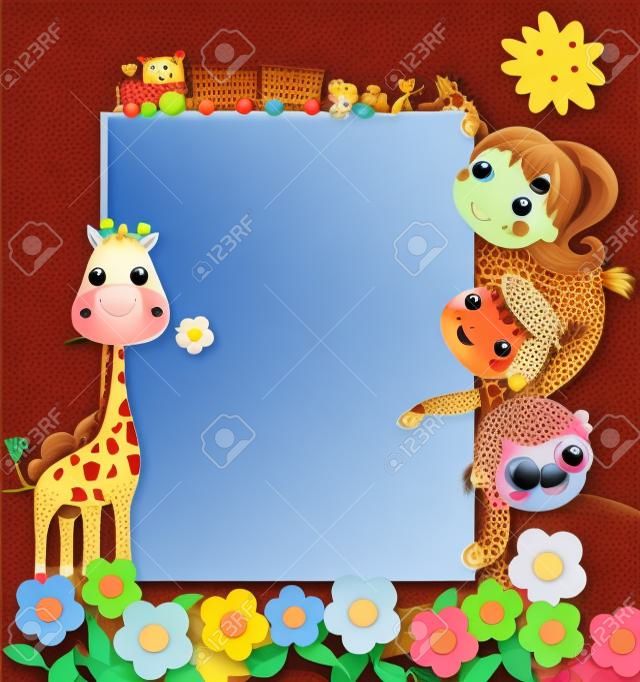Moldura de cor com grupo de crianças e girafa, fundo.