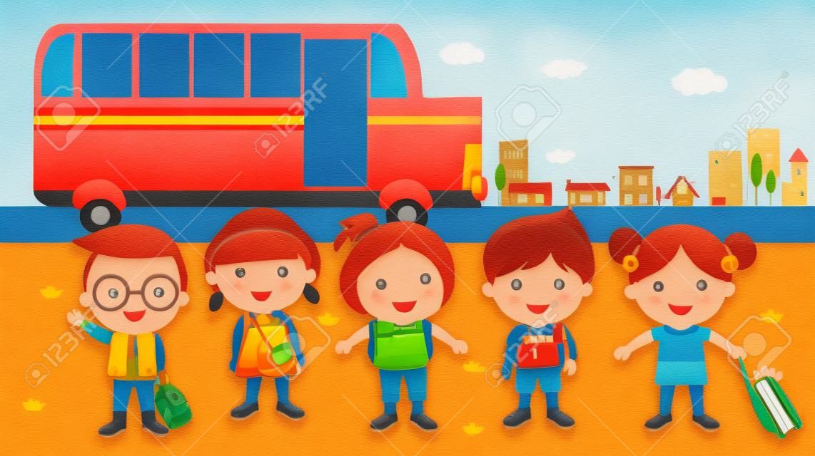 Niños y autobús escolar