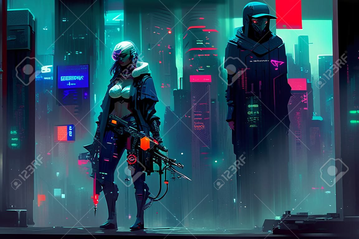 夜のサイバーパンクスタイルのネオンで照らされた都市環境、ニューラルネットワーク生成アートのサイバーパンク暗殺者フィギュア