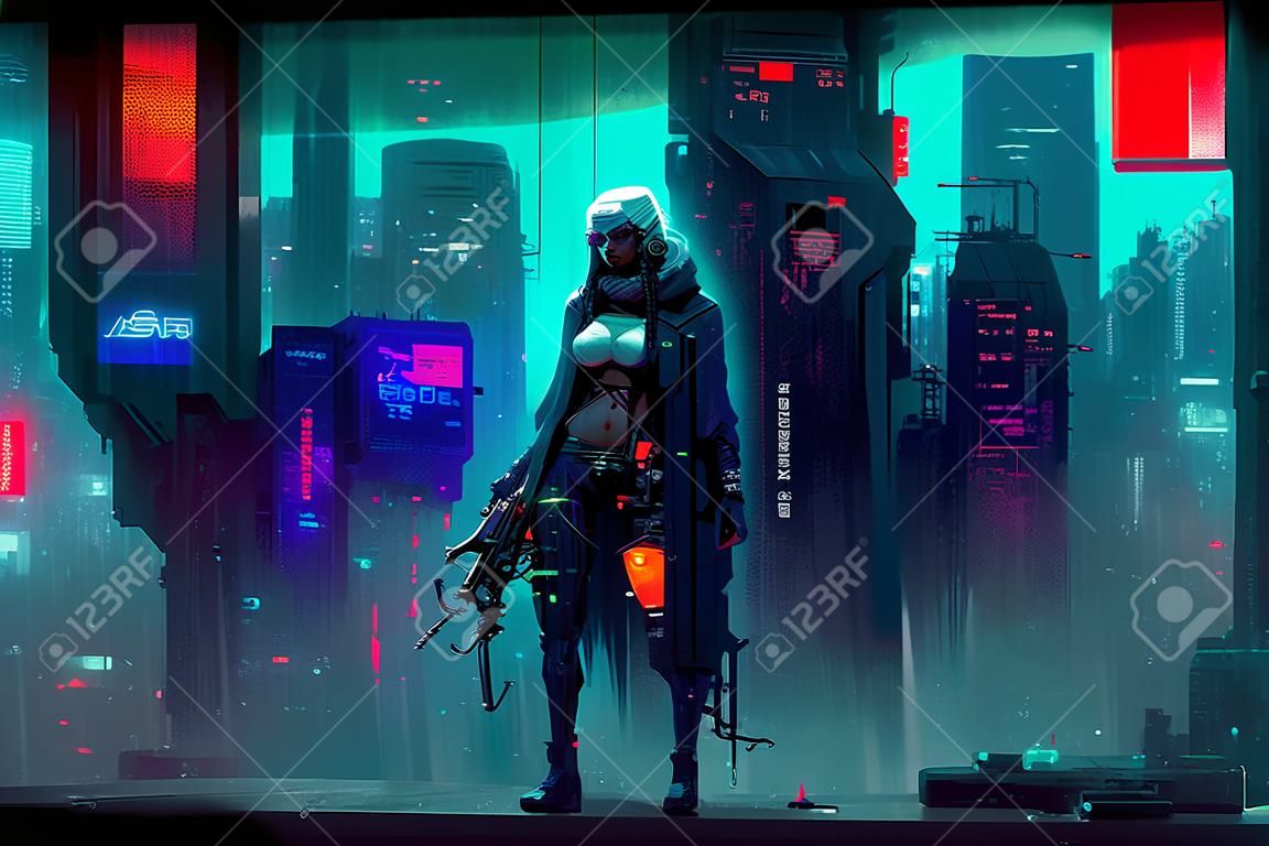 Cyberpunkowa postać zabójcy w nocnym cyberpunkowym stylu oświetlonym neonowym środowiskiem miejskim, sztuka generowana przez sieć neuronową