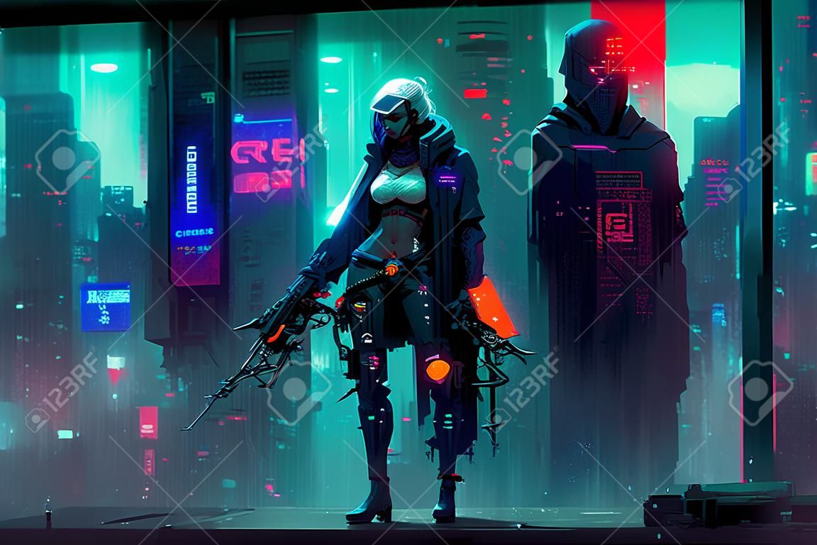 Cyberpunkowa postać zabójcy w nocnym cyberpunkowym stylu oświetlonym neonowym środowiskiem miejskim, sztuka generowana przez sieć neuronową