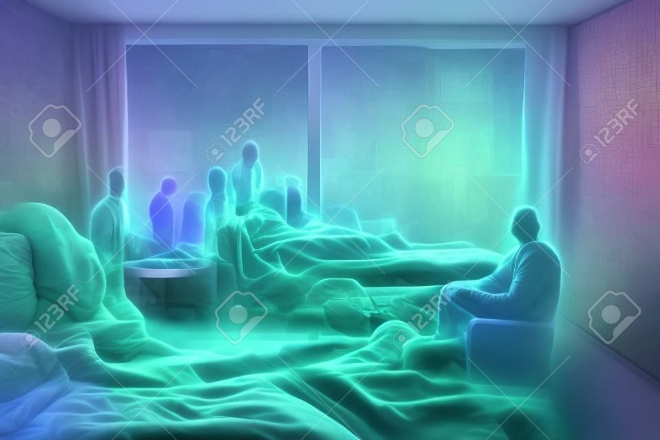 Sonhos bizarros ou alucinações do homem no quarto do hospital, a rede neural gerou arte. imagem gerada digitalmente. não com base em qualquer cena ou padrão real.