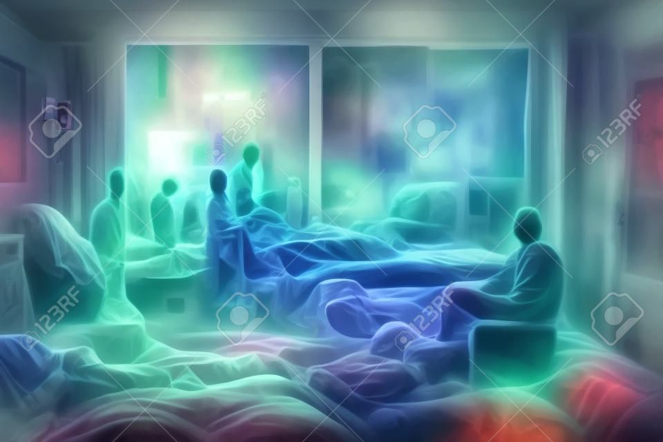 bizarre dreams or hallucinations of man in hospital room, neural network generated art. digitally generated image. Not based on any actual scene or pattern.