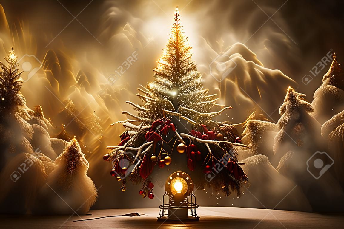 christmas spruce tree on yellow abstract dramatic background, neural network generated art. digitally generated image. Not based on any actual scene or pattern.