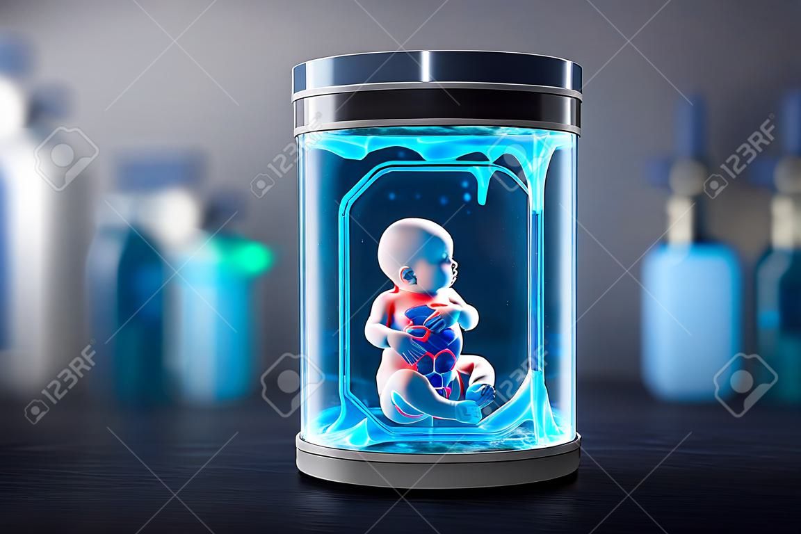 Embión de bebé humano dentro del tanque de cría de incubadora azul, concepto de ectogénesis, arte generado por red neuronal. imagen generada digitalmente. no se basa en ninguna escena o patrón real.