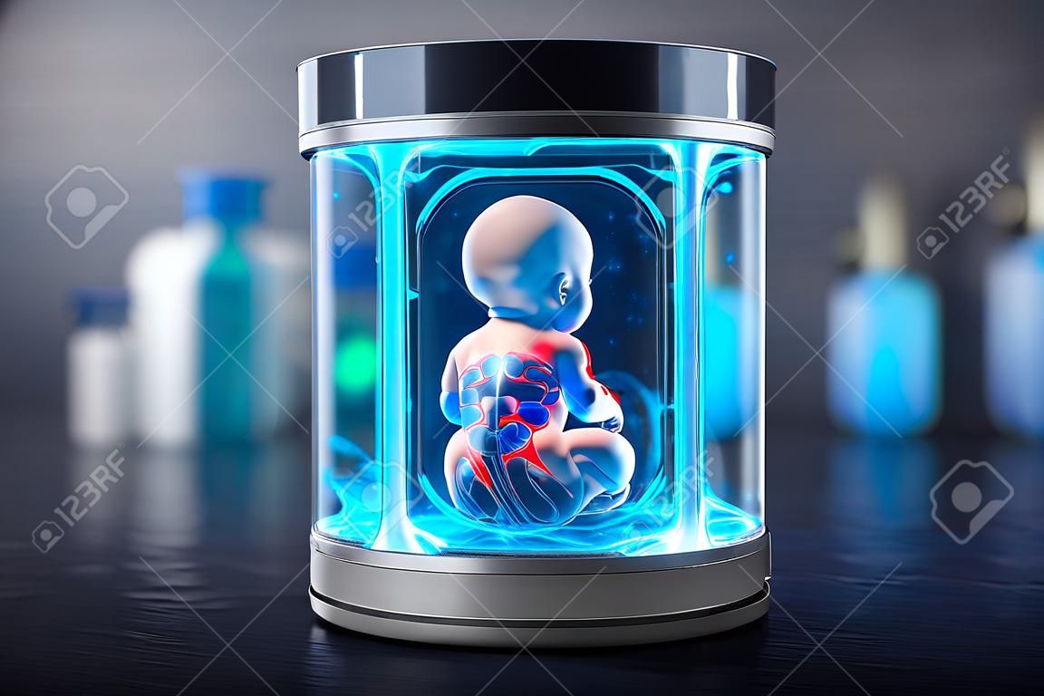 Embión de bebé humano dentro del tanque de cría de incubadora azul, concepto de ectogénesis, arte generado por red neuronal. imagen generada digitalmente. no se basa en ninguna escena o patrón real.