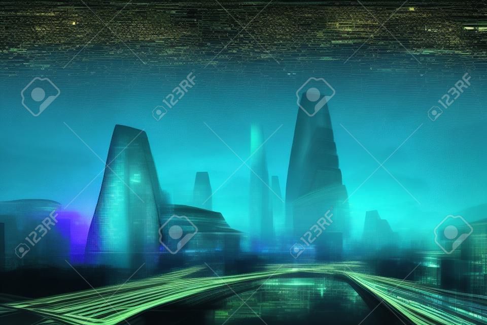 abstract futuristic night utopian cityscape, neural network generated art. digitally generated image. Not based on any actual scene or pattern.