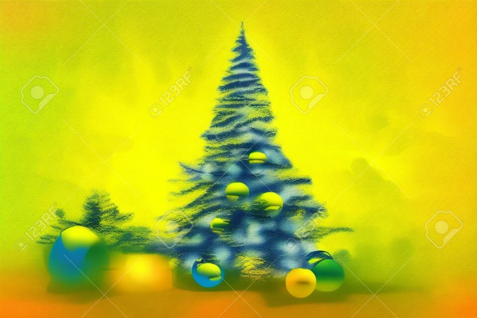 christmas spruce tree on yellow abstract dramatic background, neural network generated art. digitally generated image. Not based on any actual scene or pattern.
