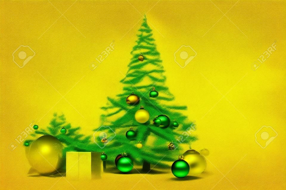 Świerk bożonarodzeniowy na żółtym abstrakcyjnym dramatycznym tle, sztuka generowana przez sieć neuronową. obraz generowany cyfrowo. nie jest oparty na żadnej rzeczywistej scenie ani wzorzec.