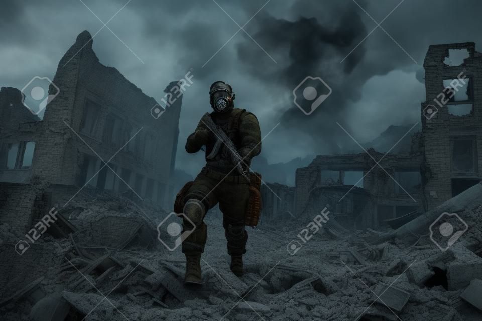 apocalipsis Post. Único sobreviviente por los suelos y la máscara de gas sobre las ruinas de la ciudad destruida