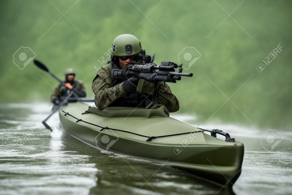 operatori delle forze speciali marini in uniformi mimetiche canoa kayak esercito attraverso fiume della nebbia. missione diversiva, mitragliere avanti