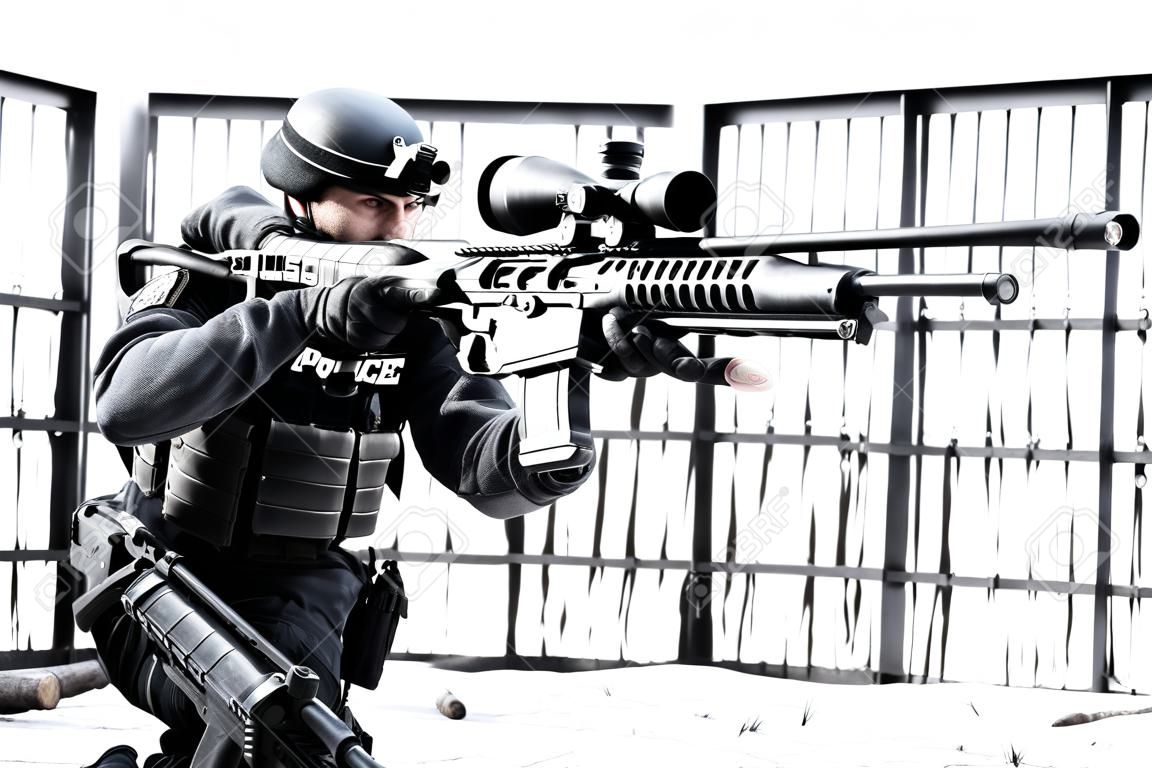 Wyposażony policyjny snajper SWAT strzelający z karabinu