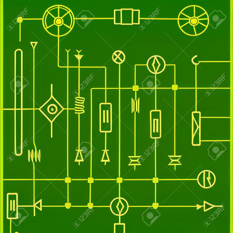 Esquema de desenho de elementos de rádio, fundo sem costura amarelo e verde