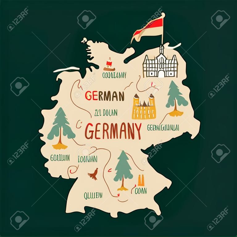 Vector collection for medical institutions and training schools. Beautiful pictures of medicine. Hand-drawn illustration of a map of Germany with City names. Concept of traveling through a German Country with names written in the style of doodles. Symbols of Germany and places of interest on the map. Vector illustration