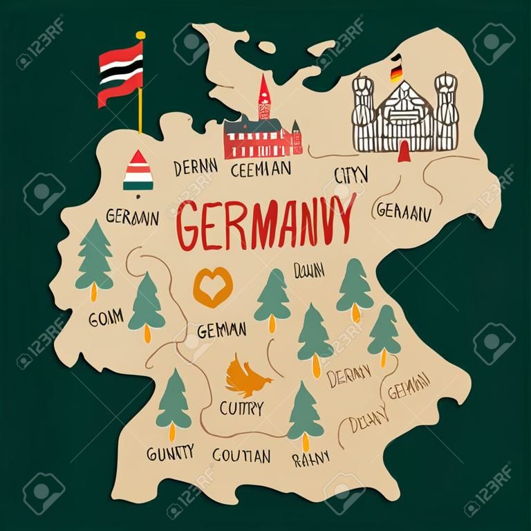 Vector collection for medical institutions and training schools. Beautiful pictures of medicine. Hand-drawn illustration of a map of Germany with City names. Concept of traveling through a German Country with names written in the style of doodles. Symbols of Germany and places of interest on the map. Vector illustration