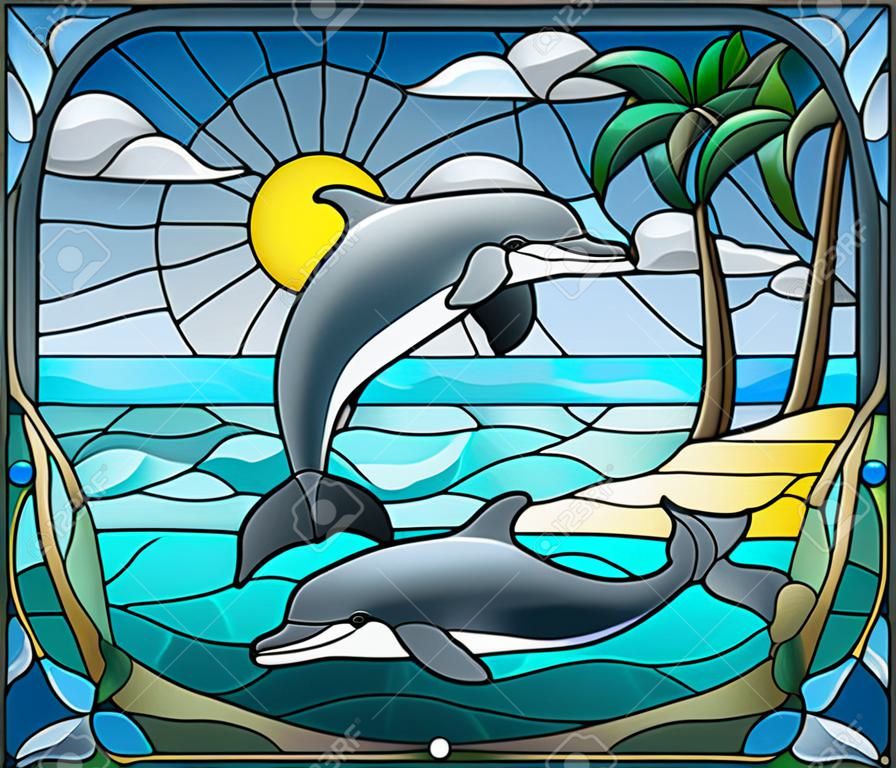 Иллюстрация в витражном стиле с парой дельфинов на фоне воды, облака, неба, солнца и островов с пальмами.