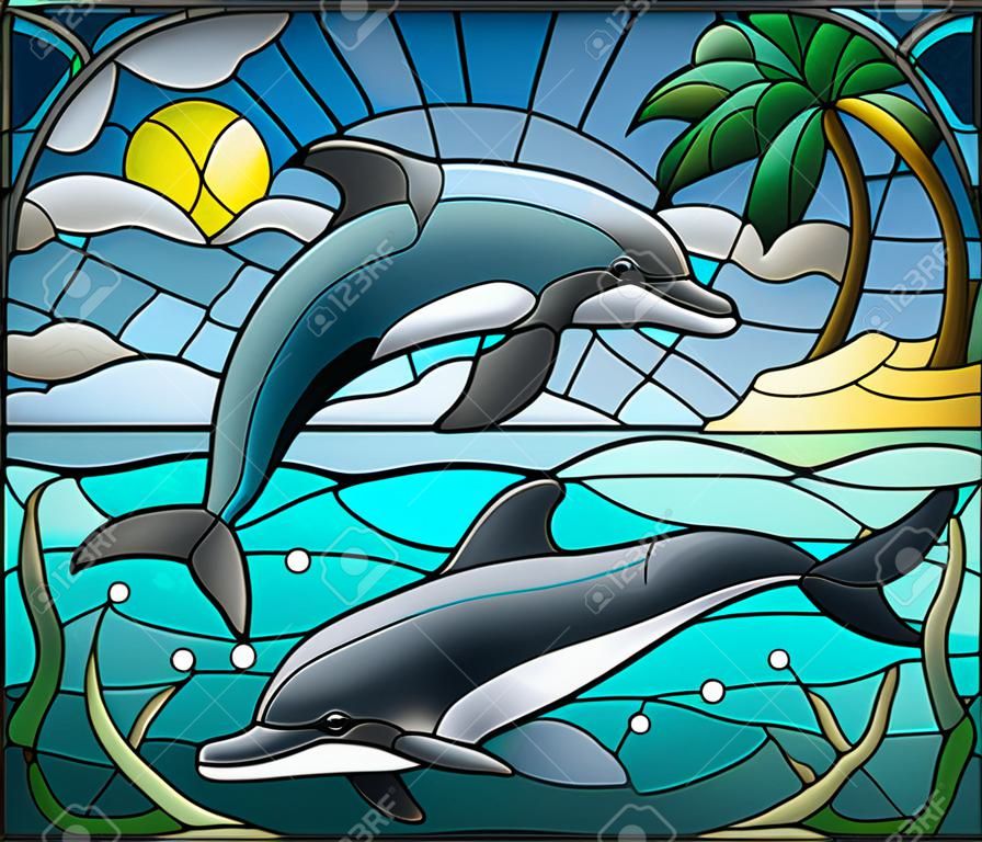 Иллюстрация в витражном стиле с парой дельфинов на фоне воды, облака, неба, солнца и островов с пальмами.