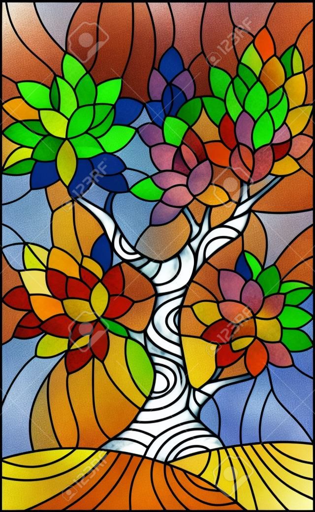 彩色玻璃风格的插图与五彩的叶子在天空背景上