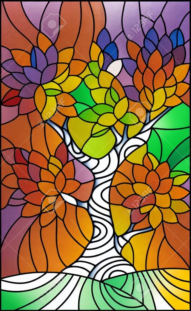 彩色玻璃風格的插圖與五彩的葉子在天空背景上