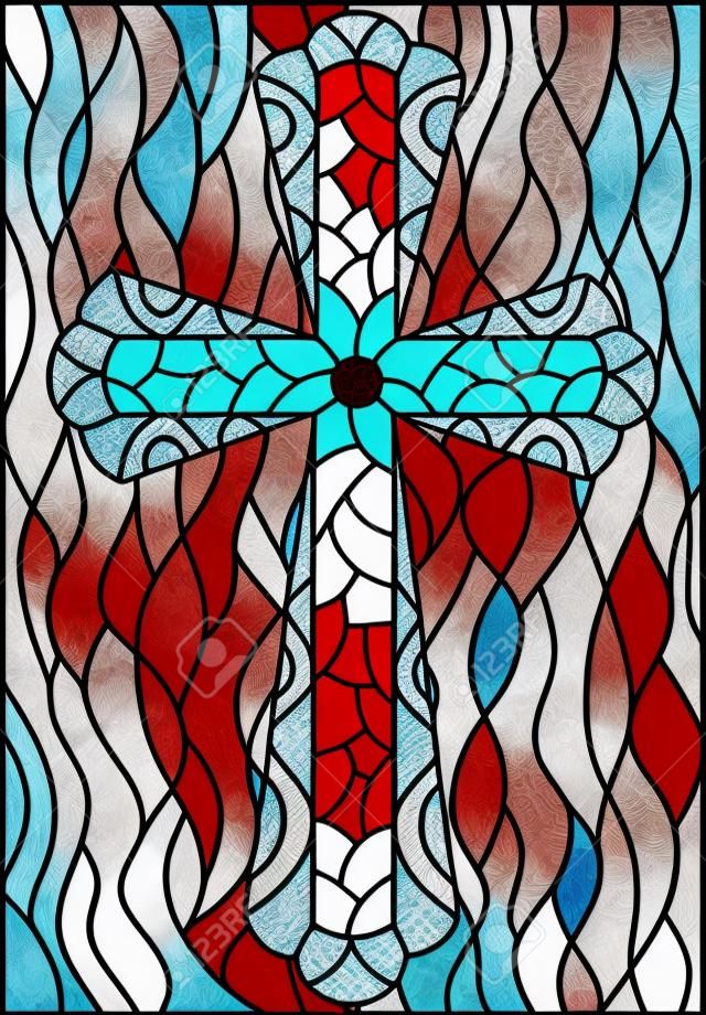 在彩色玻璃风格的例证与在一个蓝色波浪例证的一个红十字。