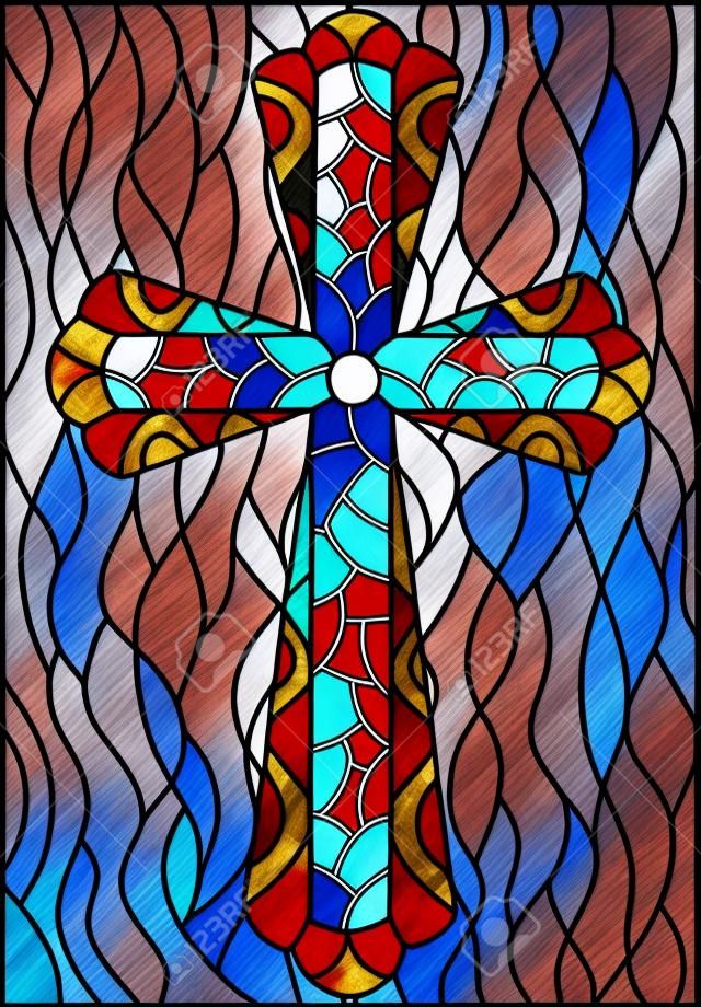 Illusztráció ólomüveg stílusban, vörös kereszttel, kék hullámos ábrán.