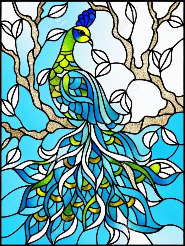 Illustration im Buntglasartvogelpfau und -baum verzweigt sich auf Hintergrund des blauen Himmels