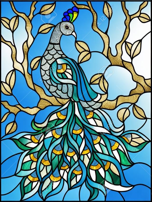 Illustration im Buntglasartvogelpfau und -baum verzweigt sich auf Hintergrund des blauen Himmels