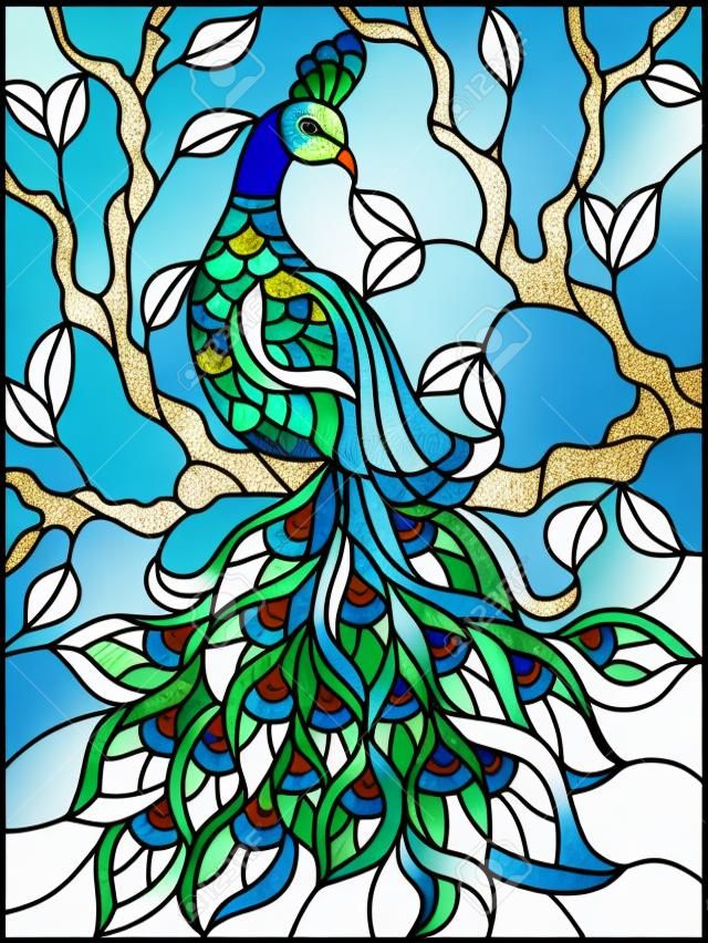 Illustration in stained glass style bird peacock and tree branches on background of blue sky