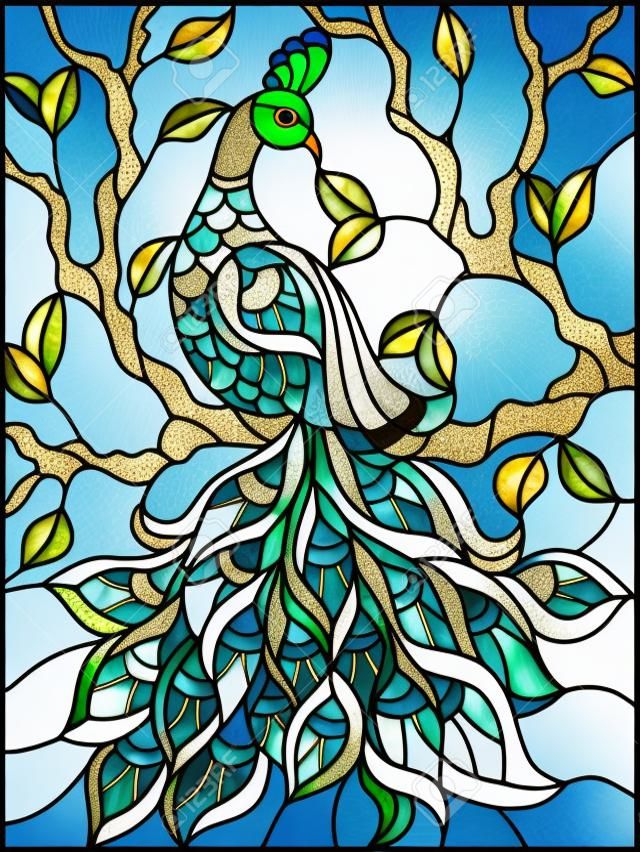 青空の背景にステンドグラス風鳥孔雀と木の枝のイラスト