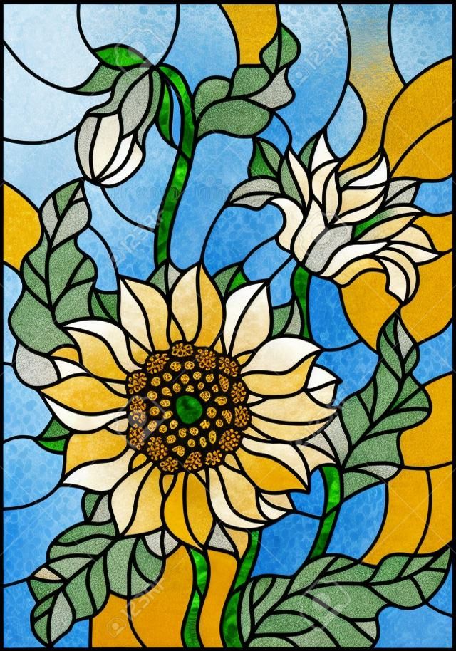 Illustration in stained glass style with a bouquet of sunflowers, flowers,buds and leaves of the flower on blue background
