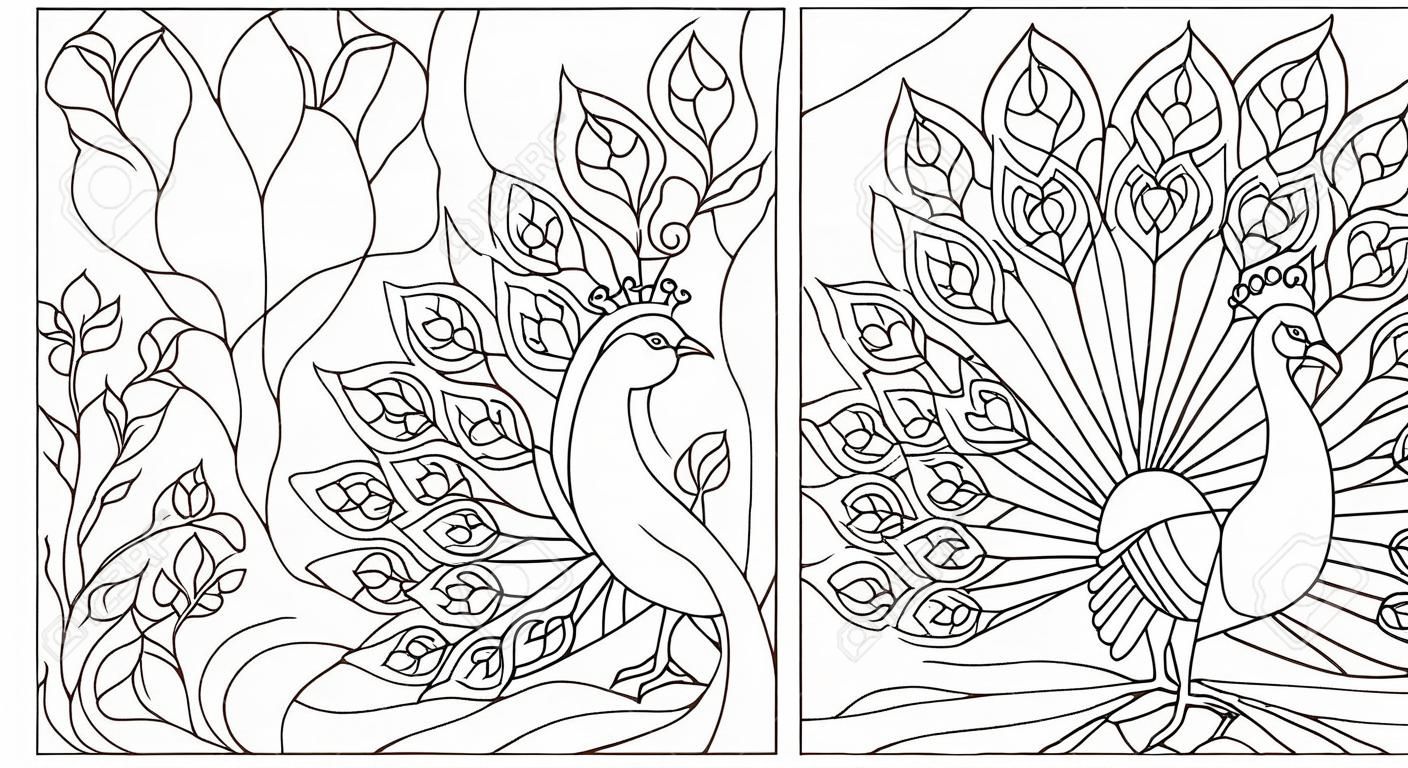 Набор набросков иллюстраций витражей с павлинами, темными очертаниями на белом фоне