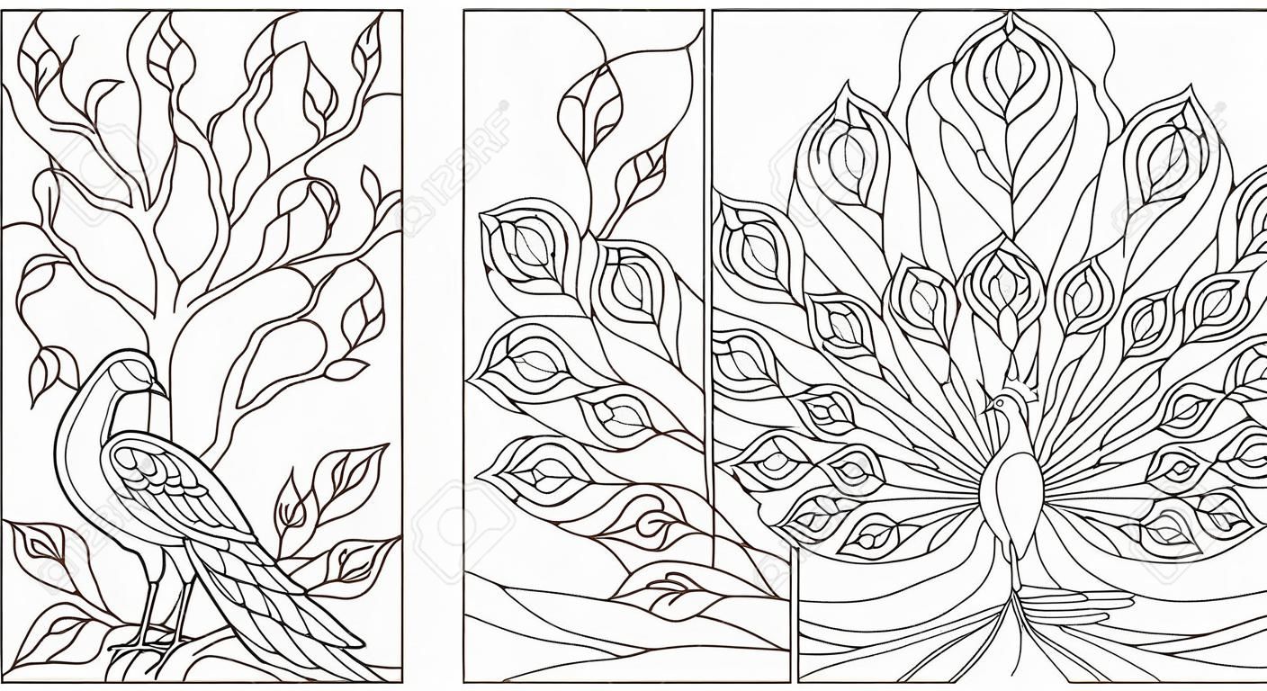 Serie di illustrazioni mute vetrate Windows con pavoni, contorni scuri su sfondo bianco