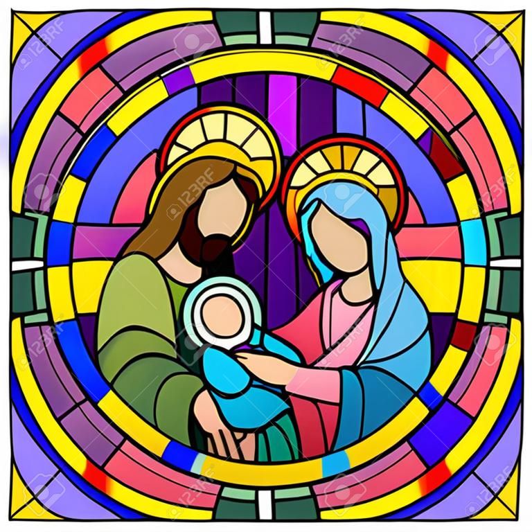 Illustration dans le style de vitrail sur le thème biblique, Jésus bébé avec Marie et Joseph, figures abstraites sur fond bleu, image ronde dans un cadre lumineux