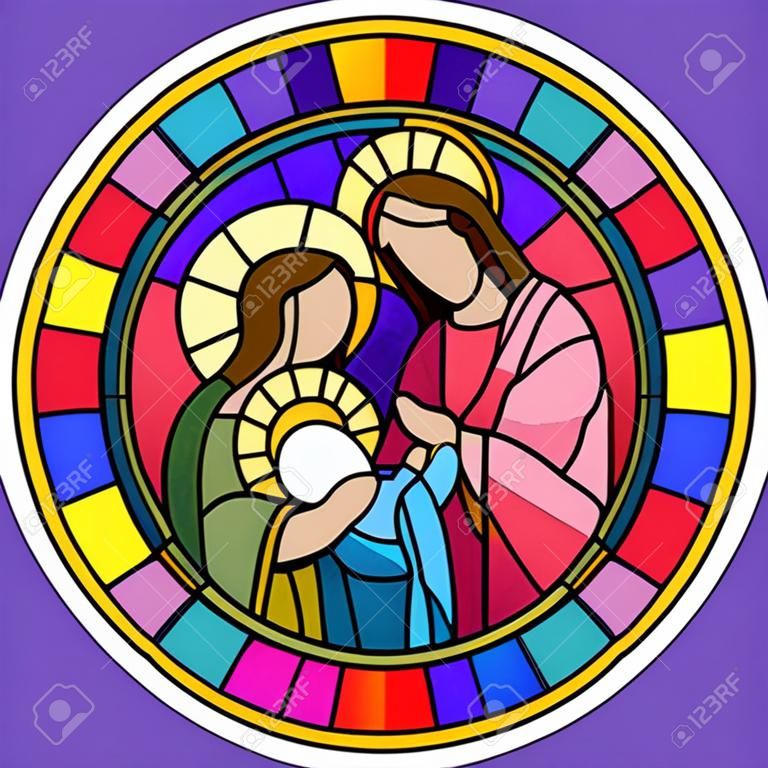 Ilustración en estilo vitral sobre tema bíblico, niño Jesús con María y José, figuras abstractas sobre fondo azul, imagen redonda en marco brillante