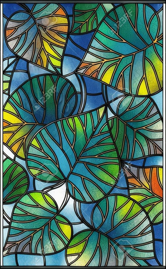 파란색 배경에 화려한 잎 나무가 있는 스테인드 글라스 스타일의 그림