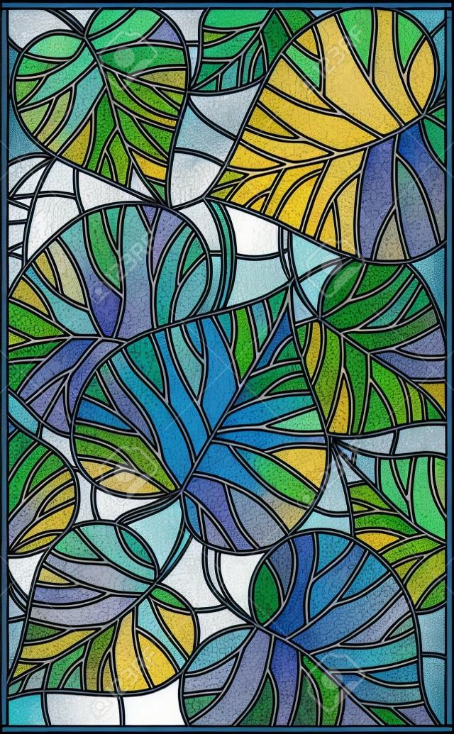 Ilustracja w stylu witrażu z kolorowymi liśćmi drzew na niebieskim tle