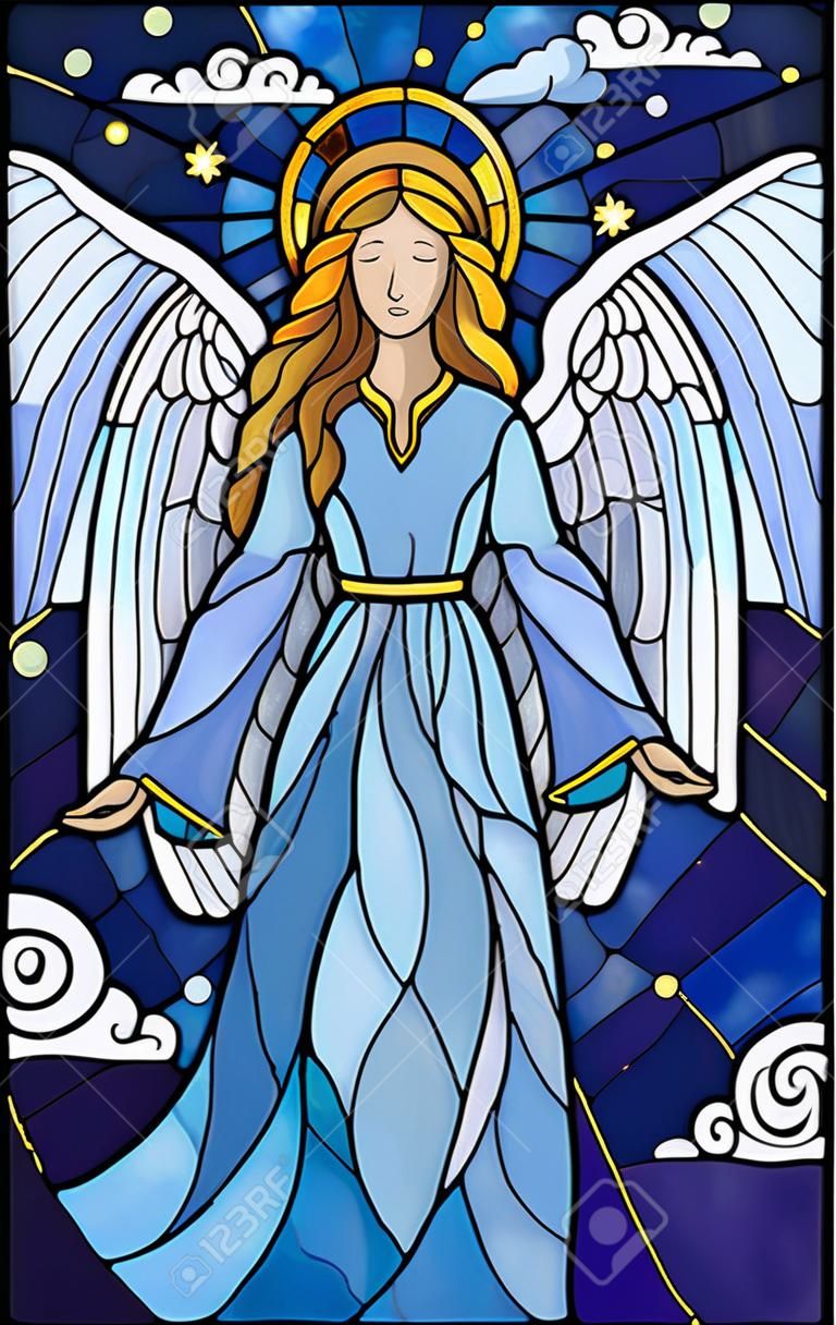 Illustration in stained glass style with girl angel in blue dress on  background of starry sky and clouds