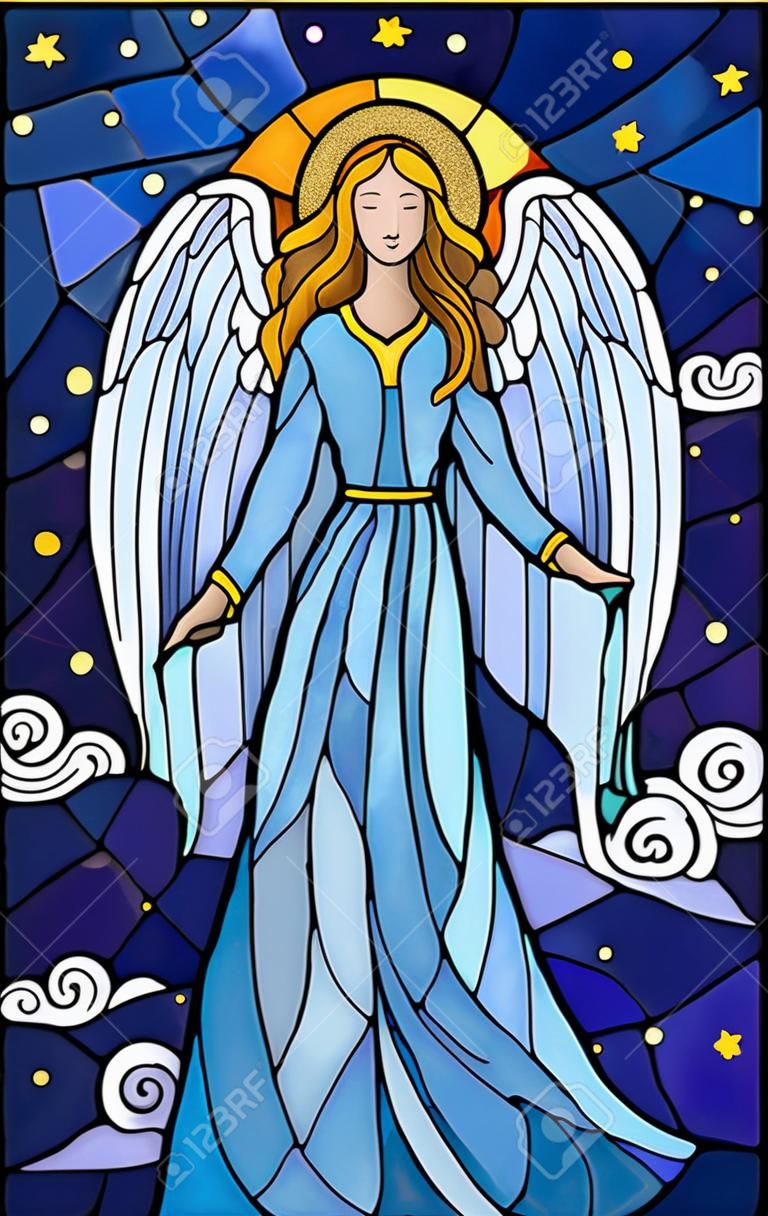 Illustration in stained glass style with girl angel in blue dress on  background of starry sky and clouds