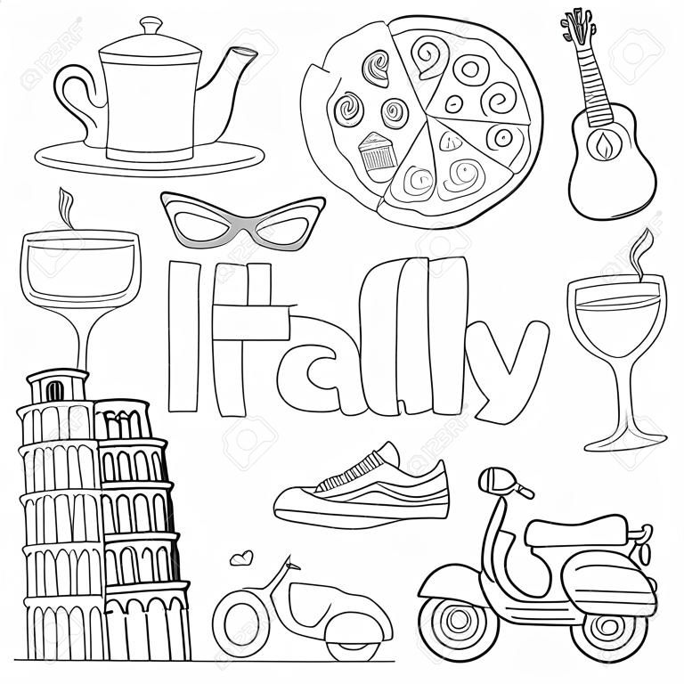 Set of of contour icons on the theme of  journey to the country of Italy, simple  dark outline on a white background