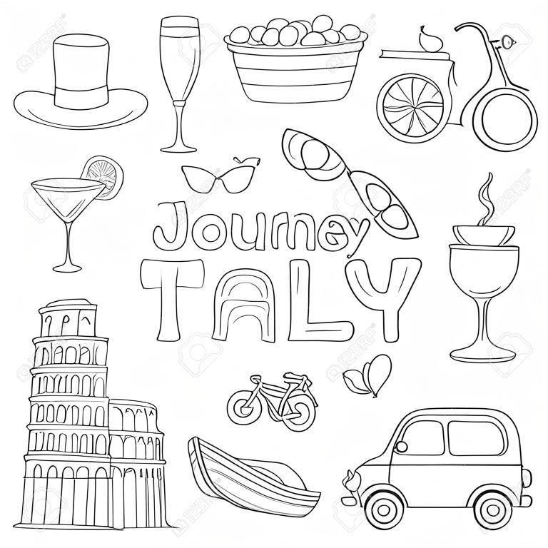Satz von Kontursymbolen zum Thema Reise in das Land Italien, einfacher dunkler Umriss auf weißem Hintergrund