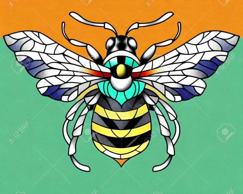 Stained glass-style illustration with an abstract bee, an animal isolated on a white background