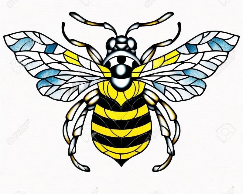 Illustration de style vitrail avec une abeille abstraite, un animal isolé sur fond blanc