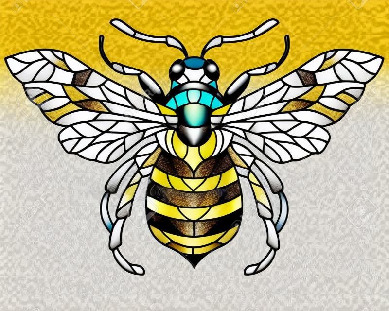 Illustration de style vitrail avec une abeille abstraite, un animal isolé sur fond blanc