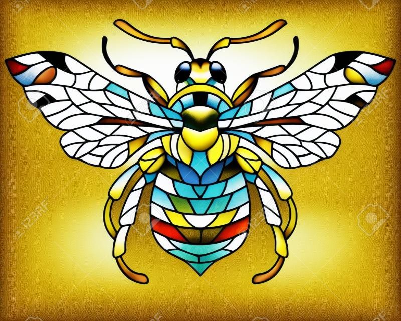 Stained glass-style illustration with an abstract bee, an animal isolated on a white background