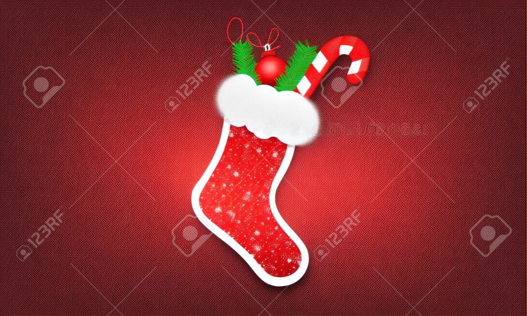 Weihnachtsstrumpf. Socken-Symbol. Vektor. Urlaubssocke mit Schneeflocken. Rotes Symbol lokalisiert auf weißem Hintergrund im flachen Design.