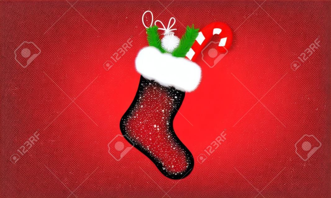 Weihnachtsstrumpf. Socken-Symbol. Vektor. Urlaubssocke mit Schneeflocken. Rotes Symbol lokalisiert auf weißem Hintergrund im flachen Design.