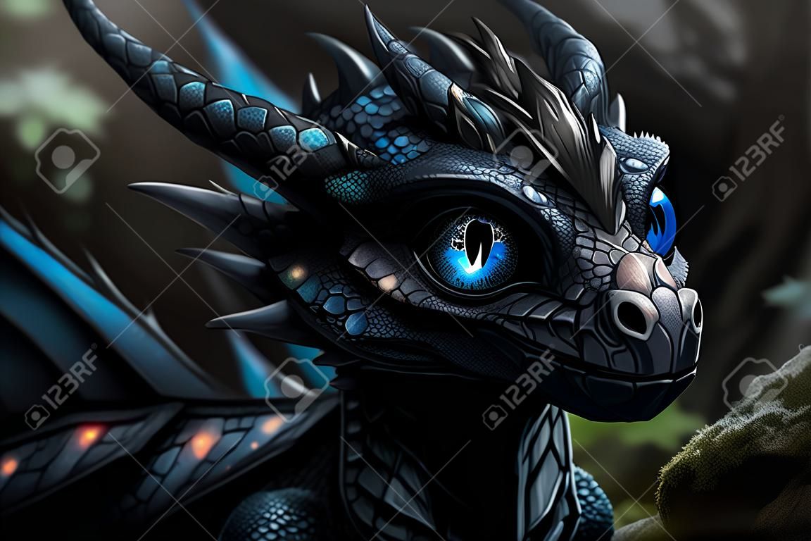 Head cute black dragon with blue eyes. little dragon. Fantasy monster. Mythical creature. 3d vector illustration.