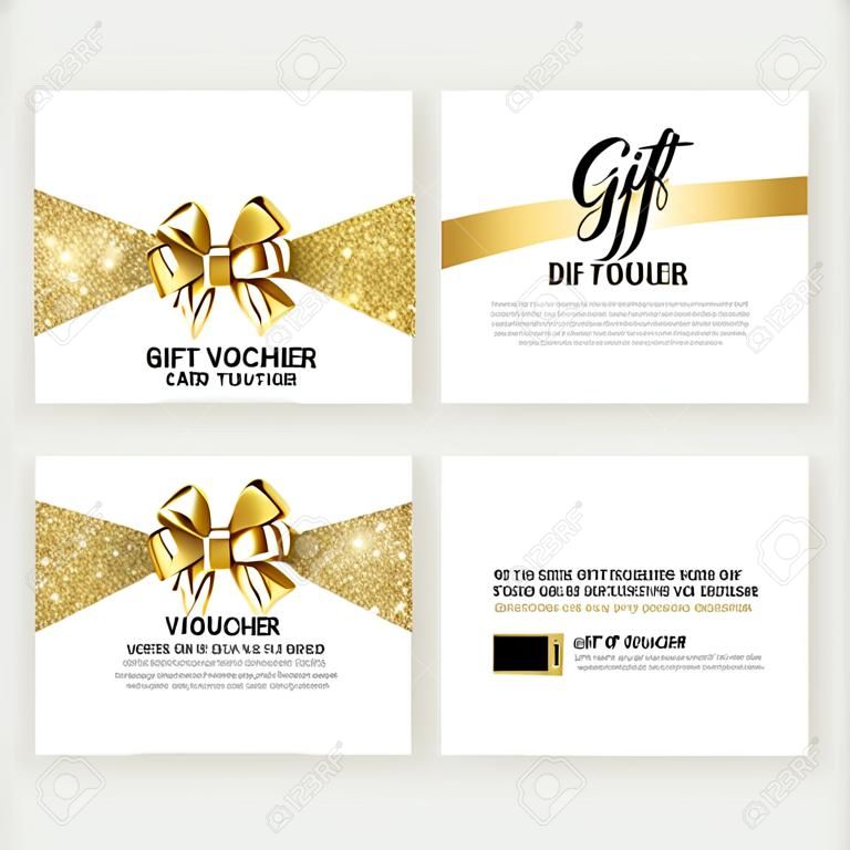Set di modello di carta buono regalo, pubblicità o vendita. modello con texture glitter e illustrazione realistica dell'arco