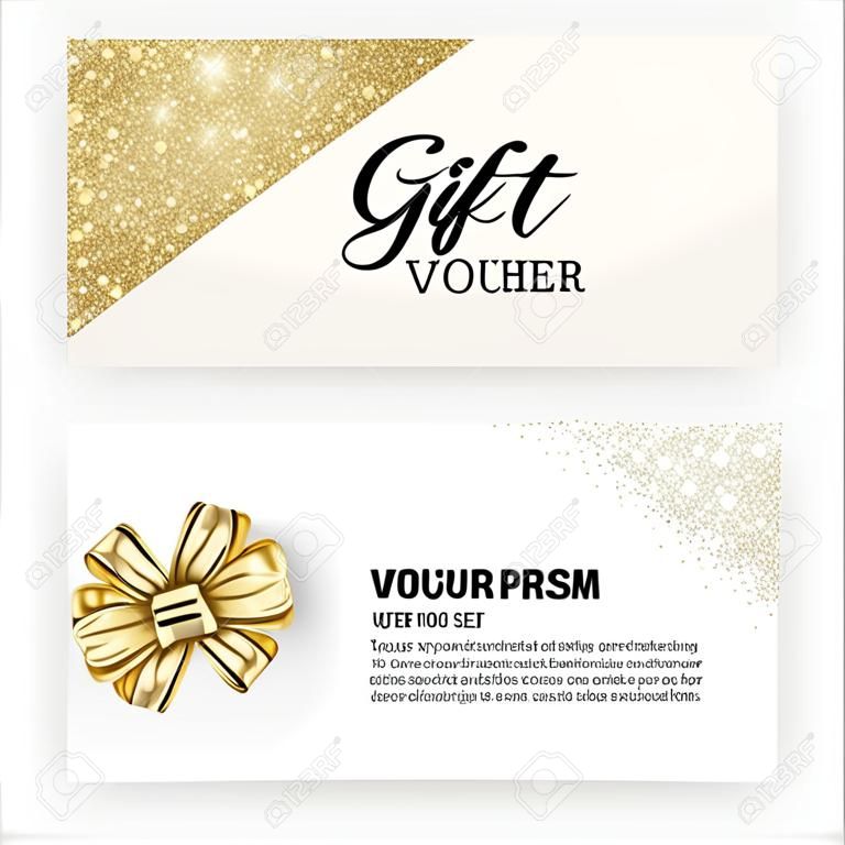 Set of Gift Voucher Card Template, Advertising or Sale. template with glitter texture and realistic bow illustration