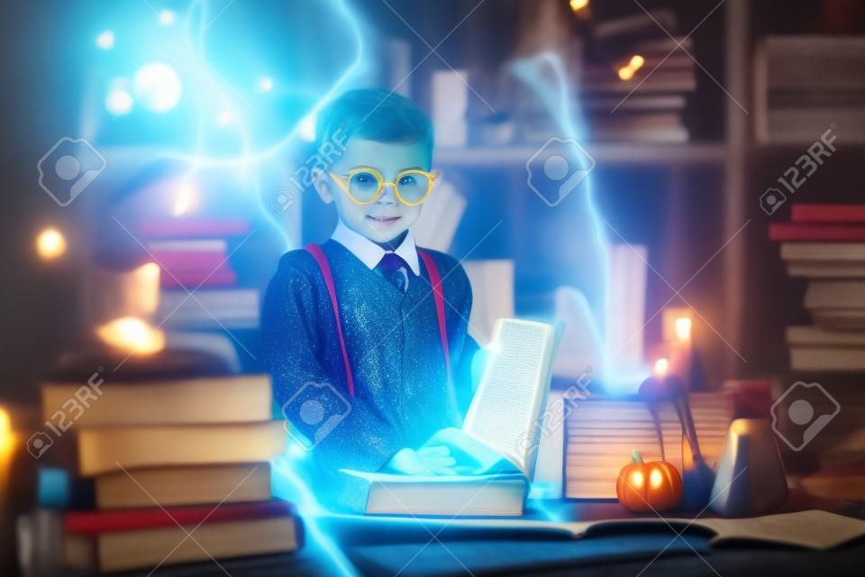 Il piccolo mago felice legge il libro magico Cosplay. Festa in maschera di Halloween. Decora lo sfondo dello studio